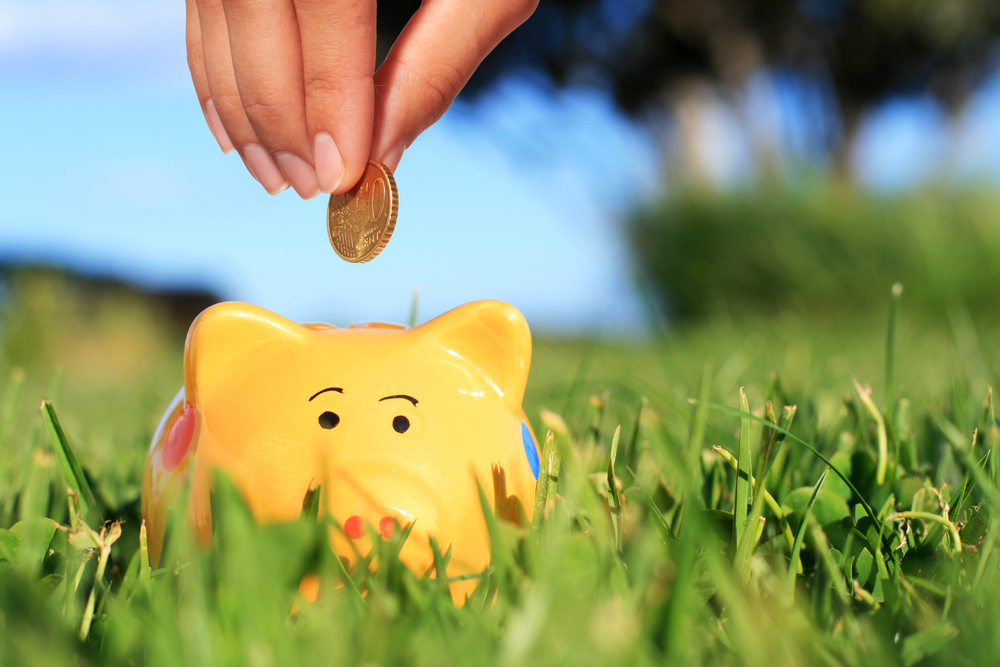 Hand And Piggybank Over Nature Background.